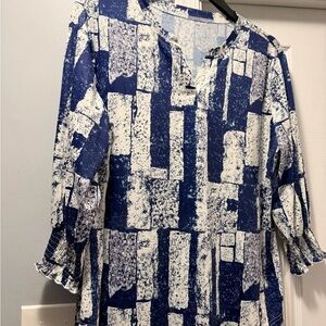 XXL Blue and White long sleeve Women's Top with roushing at sleeve